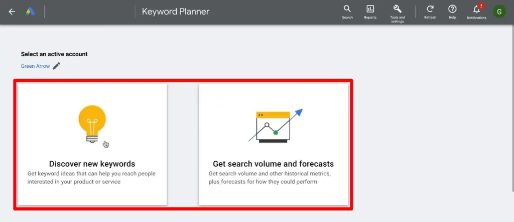 Available tools in Google Keyword Planner