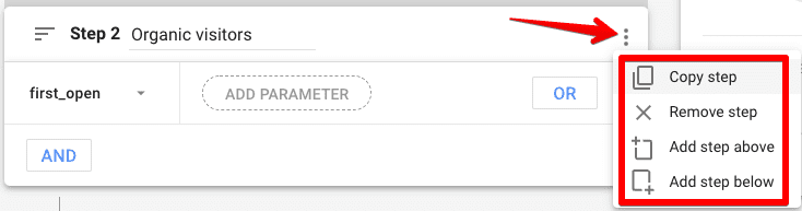Copy, remove, and add step above or below settings on every step in the funnel in the edit funnel steps of the funnel exploration report in GA4