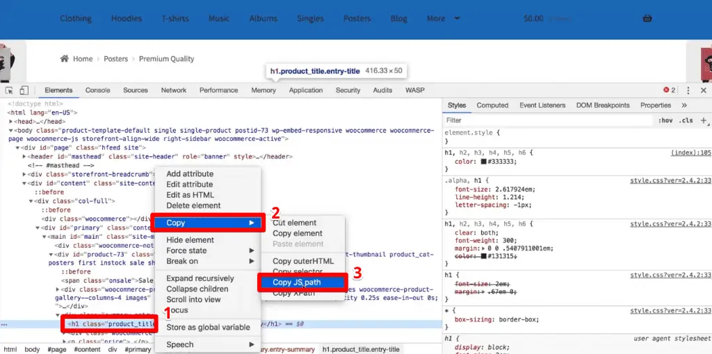 Copying the JS path of the selected element