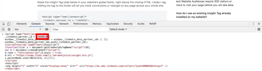 Copying the LinkedIn partner ID from the insight tag code