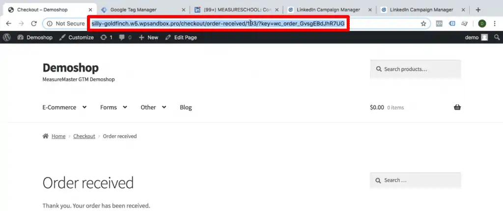 Copying the order received page URL