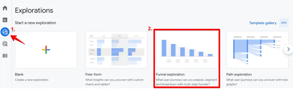 Create a Funnel exploration report by going to the Explore section in your GA4 account