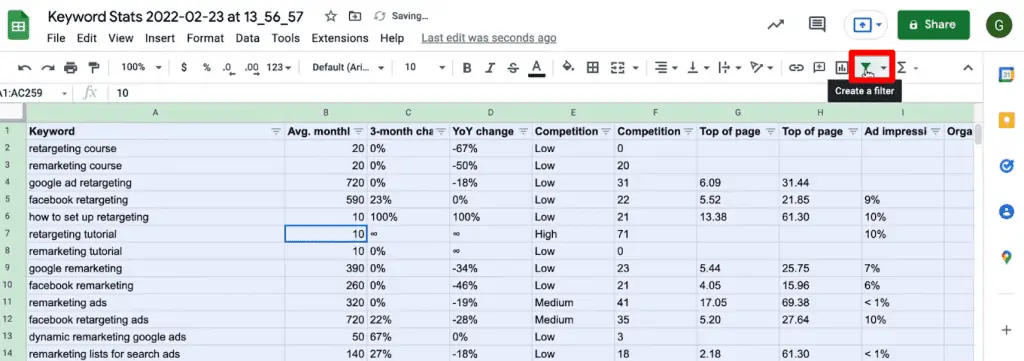 Creating a filter in Google Sheets