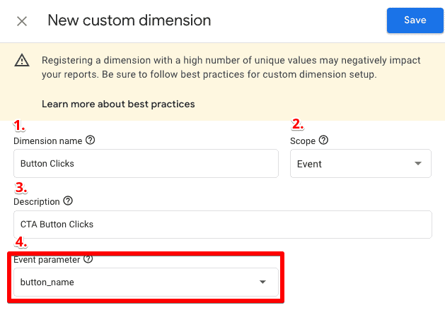 Creating custom definitions in GA4 and entering the details like dimension name, scope, description (optional), and event parameter