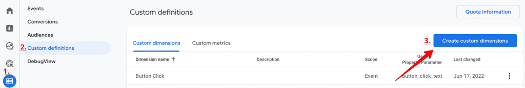 Creating custom dimensions in the GA4 interface under Configure section