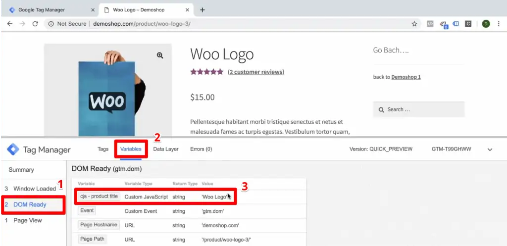 Custom JavaScript variable in the DOM Ready tab