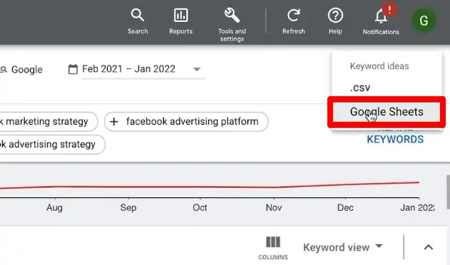 Downloading keyword ideas to Google Sheets