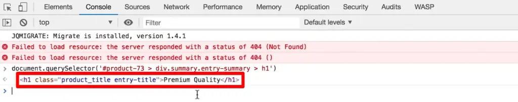 Element title returned from the console tab