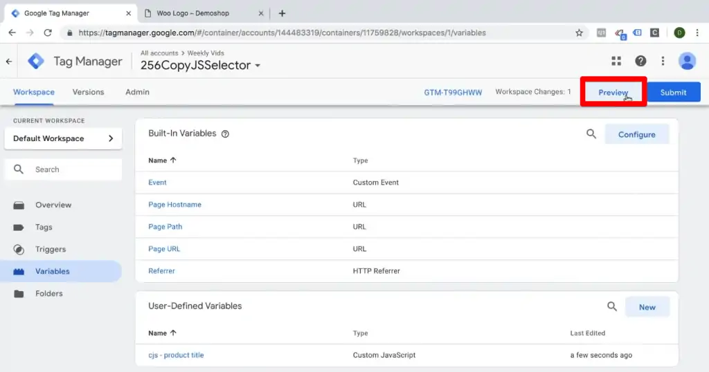 Entering GTM preview mode