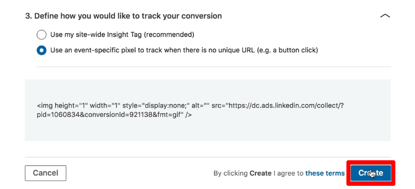Finalizing the creation of the event-specific purchase conversion