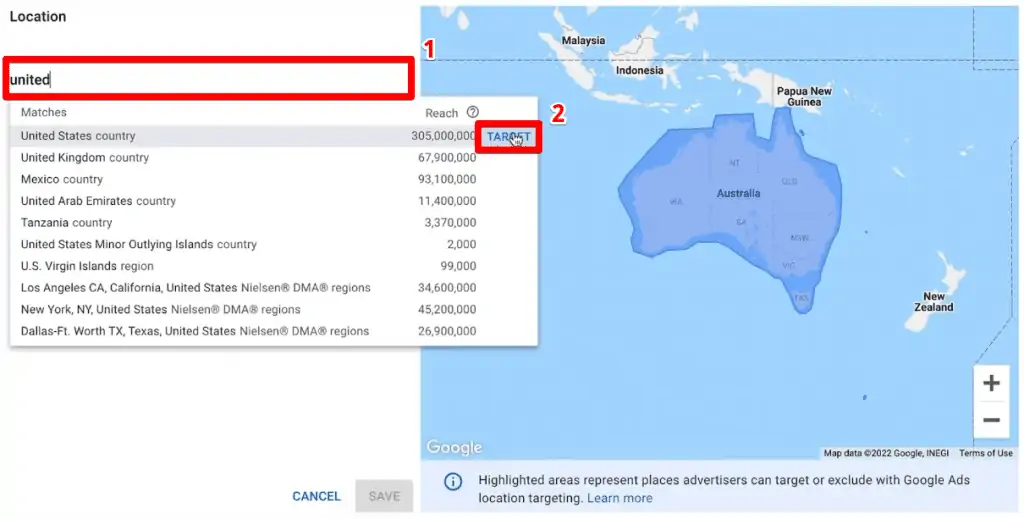 Inputting additional locations for location targetting