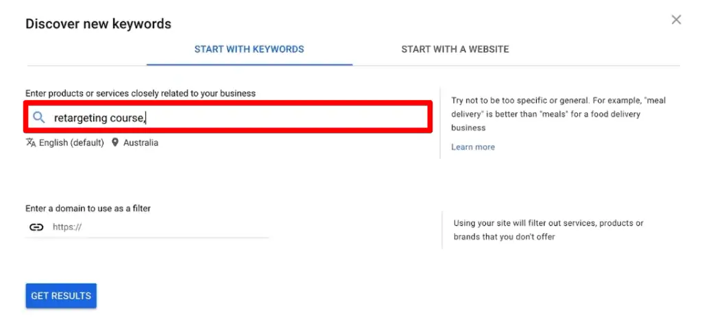 Inputting keywords for discovering new keywords tool