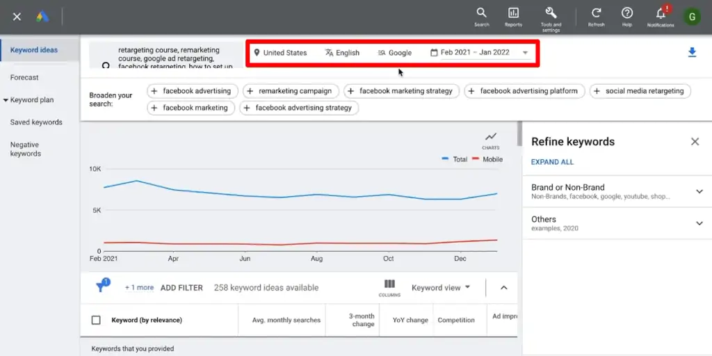 Keyword ideas settings
