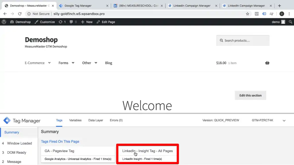 LinkedIn insight tag showing in the debug pane