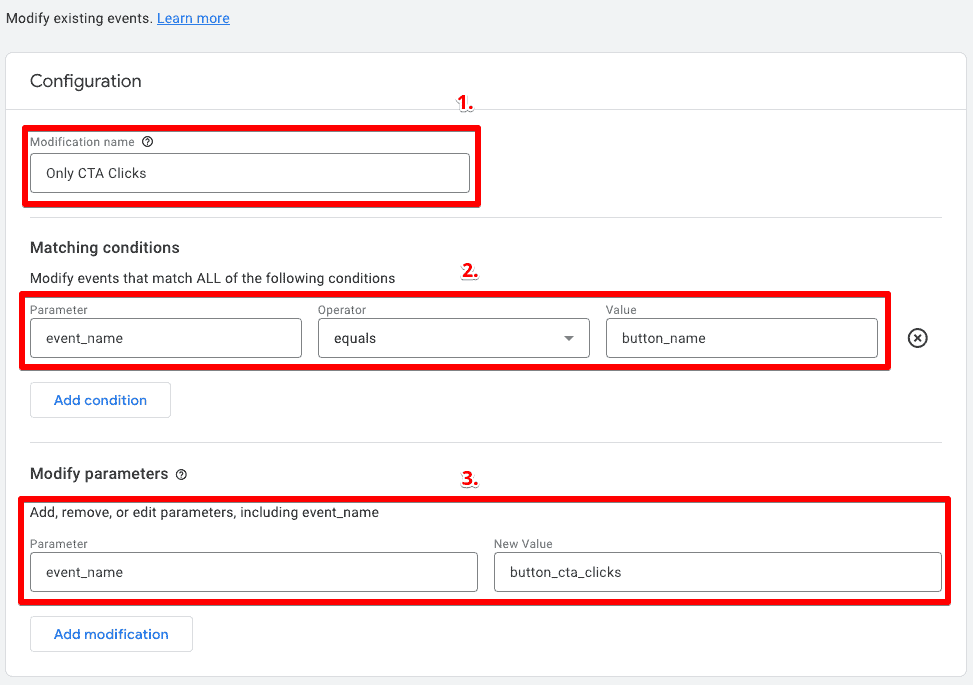 Modifying existing events from modify events configuration section by matching existing event conditions and adding the new parameter values