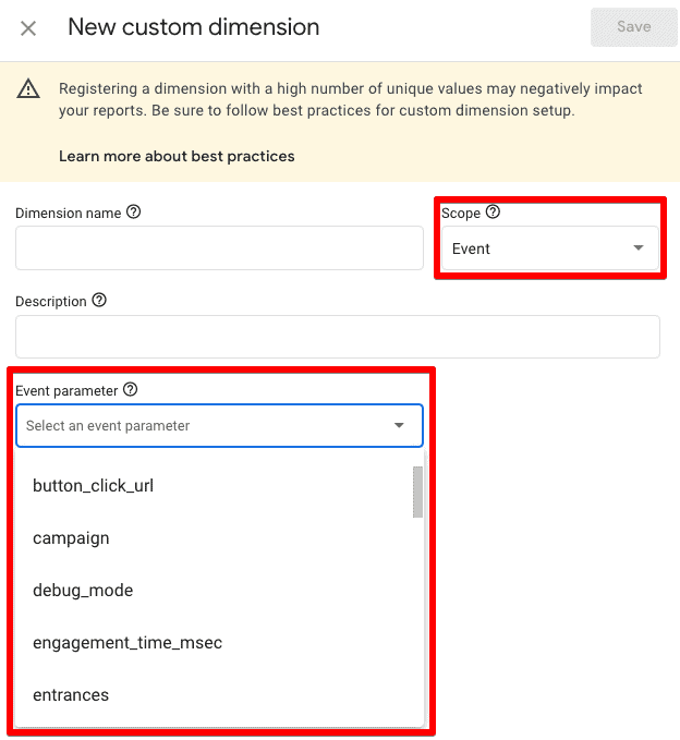 New custom dimension configuration interface after clicking on Create custom dimensions