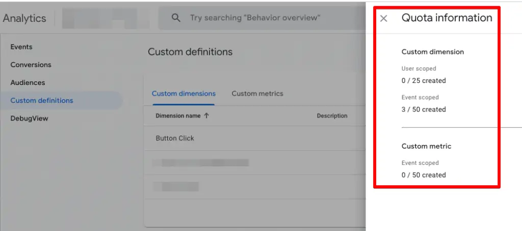 Quota information showing how many custom dimensions and metrics have been created