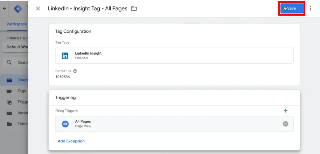 Saving the LinkedIn insight tag in Google Tag Manager