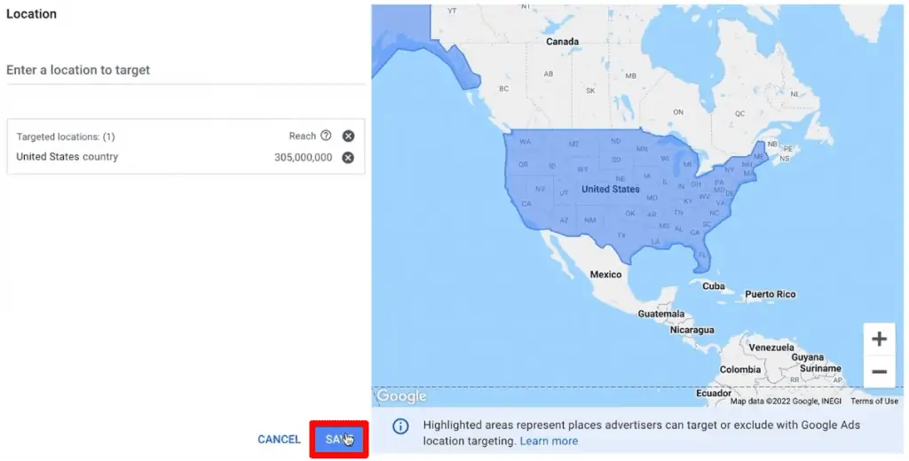 Saving the selected areas for location targeting