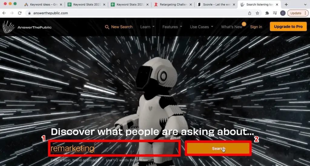 Searching for keyword ideas in AnswerThePublic