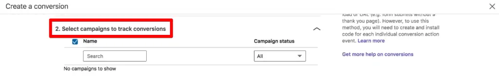 Selecting a campaign to track conversions
