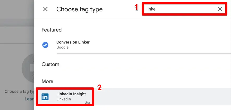 Selecting the LinkedIn Insight tag template