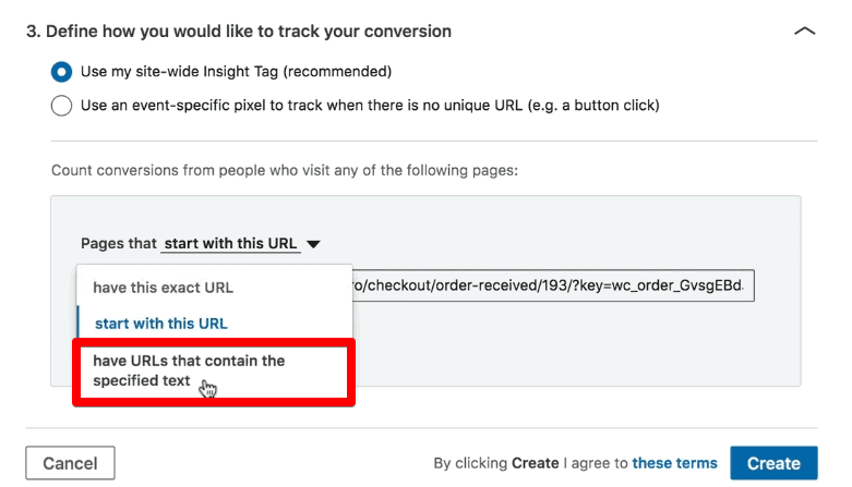 Selecting the URLs containing the specified text option