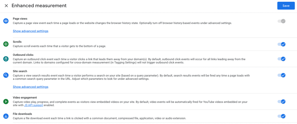 Settings to turn off or configure advanced settings of enhanced measurement events in the admin panel