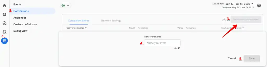 Showing how to create a New conversion event under the Conversions section