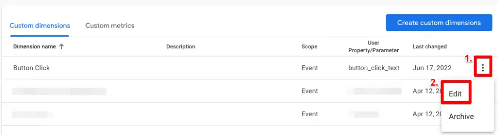 Showing how to edit the custom dimension