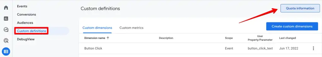 Showing how to view the quota information for custom dimensions