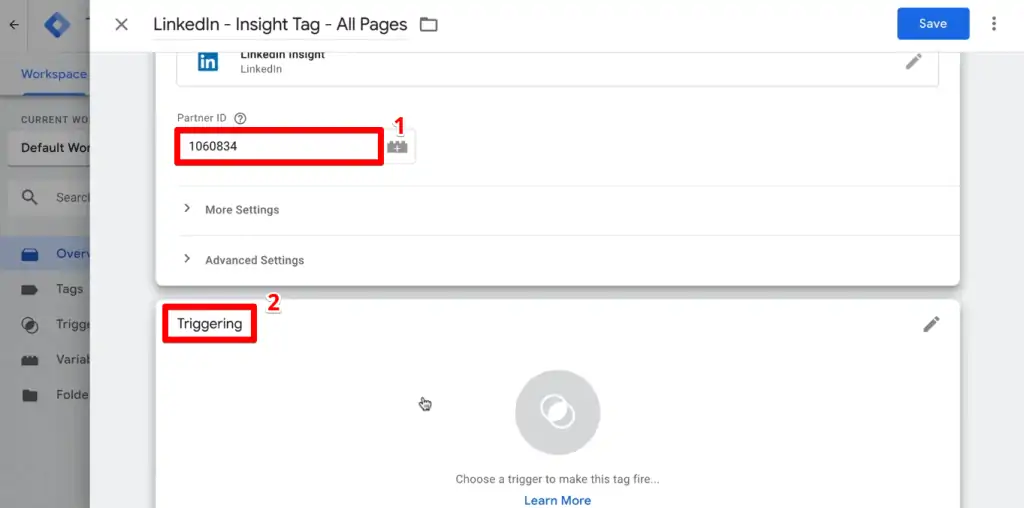 Specifying the partner ID and adding a trigger to the insight tag