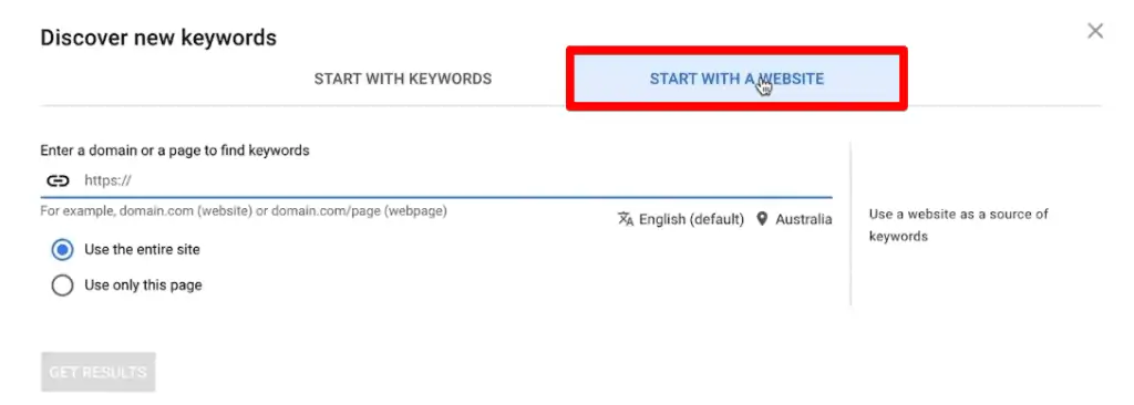 Start with a website option for discovering new keywords