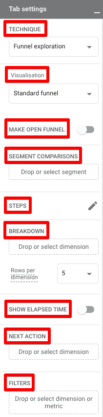 Tab settings and the nine mentioned settings in the funnel exploration report in GA4
