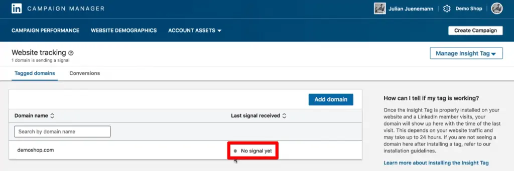 The last signal received indicator in LinkedIn campaign manager