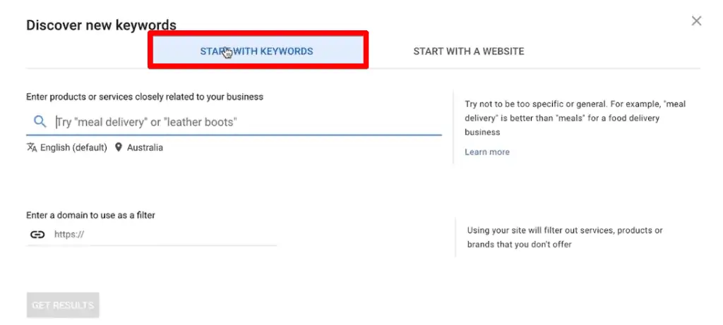 The start with keywords option for discovering new keywords