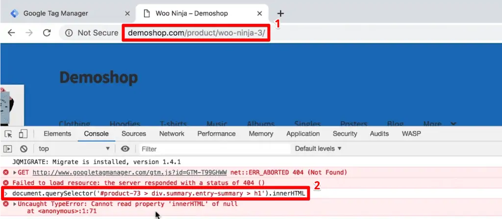 Trying the JavaScript command on a different product page