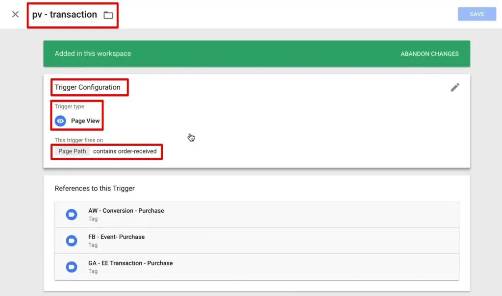 A view of the page view tag with a configured trigger