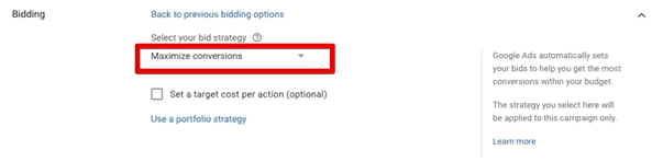 Click on the maximize conversions for a drop-box of options to bid