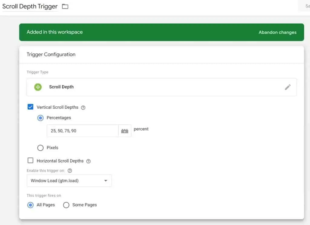 Configuration example for scroll depth tracking in tag manager