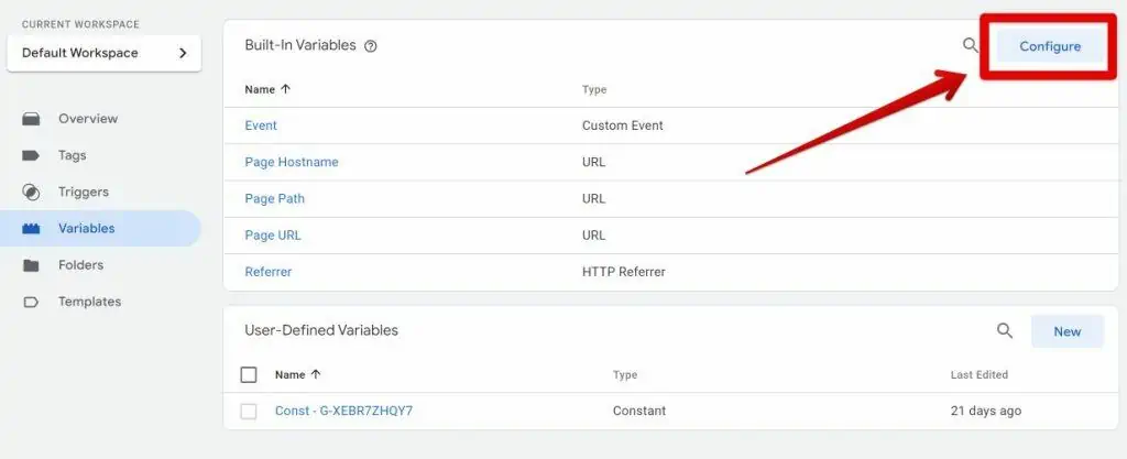 Configuring variables in google tag manager