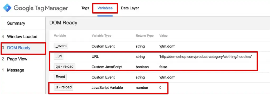 DOM Ready in the Variables section shows the JavaScript Variable value of 0 and Custom JavaScript value as false for a webpage viewed for the first time