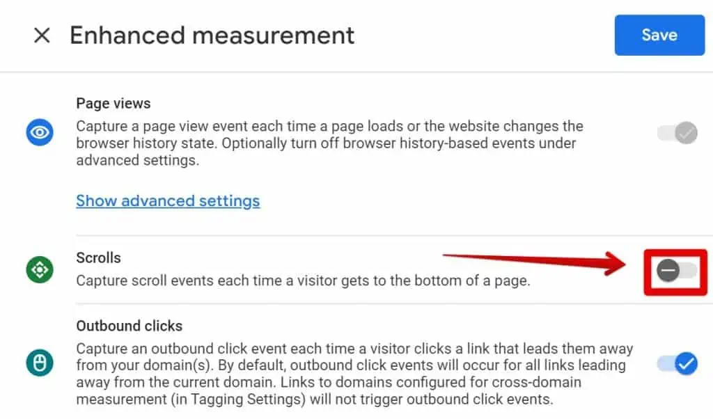 Disabling scrolls in enhanced measurement in ga4