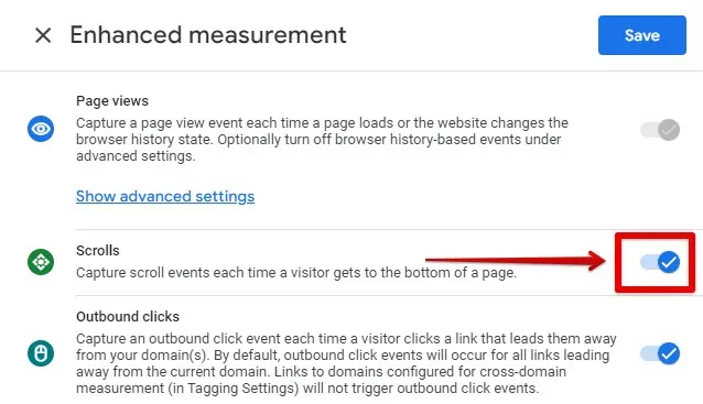 Enabling the toggle for scroll tracking in enhanced measurement