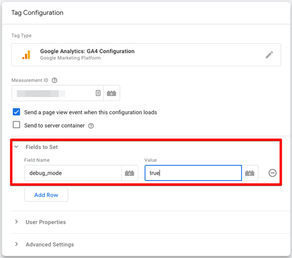 GA4 Configuration tag in GTM showing how to add debug_mode and set its value to true to enable GA4’s DebugView