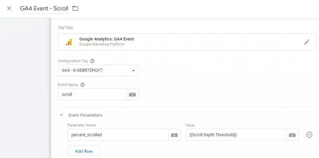 GA4 event scroll setup with event parameters