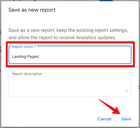 Naming a new report and saving it after clicking the pencil icon on Pages and screens report