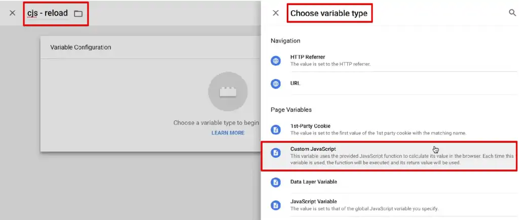 Naming the new variable as Custom JavaScript & choosing the Custom JavaScript option from the variable type options