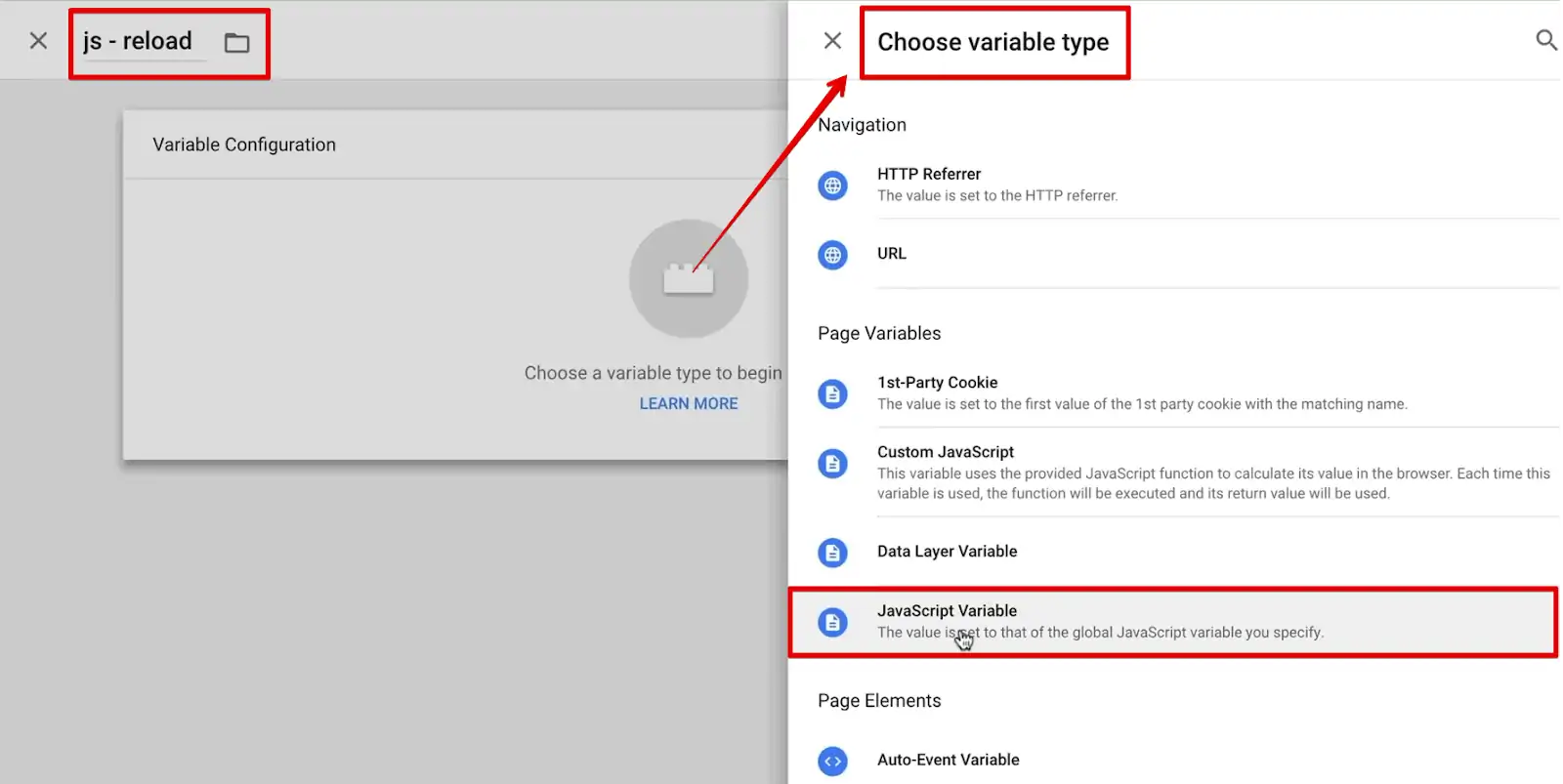Naming the new variable as js reload & choosing JavaScript Variable from the variable type options