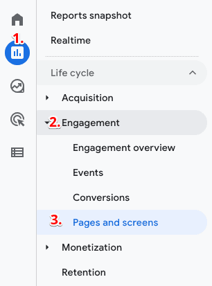 Pages and screens report under Engagement and main Reports tab to customize